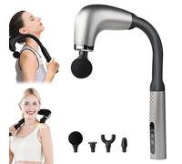 Rocuma Massage Hammer,Massage Gun Deep Tissue with Extended Handle,Quiet Percussion Massage Gun, with LED Screen & 4 Massage Heads, 3 Modes,or Neck Shoulder Waist Leg Muscle (Silver)