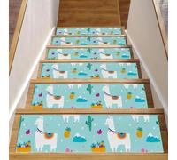 RODAILYCAY Alpaca Cactus Rainbow Blue gradini per gradini in legno antiscivolo, 15 confezioni da 20,3 x 76,2 cm, tappetini di sicurezza per interni, tappetini di sicurezza per bambini, anziani e