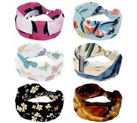 RODAILYCAY Cerchietto largo incrociato per capelli, confezione da 6 pezzi, per ragazze e donne, con sfondo blu e farfalla colorata, con sfondo blu, turbante, elastico, per yoga, allenamento