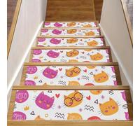 RODAILYCAY Confezione da 15 tappetini per scale con motivo gatti e parole, 20,3 x 76,2 cm, per gradini in legno, antiscivolo, senza residui, per bambini, anziani e cani