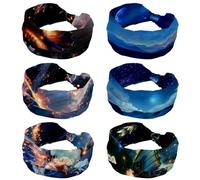 RODAILYCAY Confezione da 6 fasce larghe per capelli da donna, blu, cielo stellato, montagne, luna, comode, annodate, turbante, antiscivolo, fascia elastica per capelli, accessori per capelli alla moda