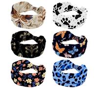 RODAILYCAY Confezione da 6 fasce per capelli da donna, morbide e larghe, antiscivolo, con zampe nere su sfondo bianco, fascia elastica per capelli, turbante con nodo intrecciato