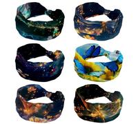 RODAILYCAY Fasce per capelli da donna, confezione da 6 fasce elastiche per capelli, fiori con farfalla nel cielo e stelle, morbide fasce antiscivolo per capelli per allenamento yoga, accessori per