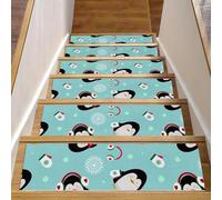 RODAILYCAY Gradini per scale in legno antiscivolo con motivo pinguini natalizi, sfondo blu, 15 confezioni da 20,3 x 76,2 cm, tappeto per scale per interni, tappetini di sicurezza per bambini, anziani