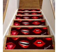 RODAILYCAY Gradini per scale in legno per interni 15 confezioni da 20,3 x 76,2 cm, tappetini per scale, con labbra sexy rosse, antiscivolo, superficie in poliestere TPE
