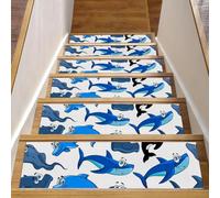 RODAILYCAY Gradini per scale in legno per interni con pesci oceanici carini 15 confezioni da 20,3 x 76,2 cm, tappetini antiscivolo per scale, tappetini antiscivolo per scale, superficie in poliestere