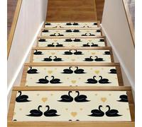 RODAILYCAY Gradini per scale in legno per interni eleganti cigni neri coppia amore cuore giallo 15 pezzi 20,3 x 76,2 cm moquette gradini per scale, tappetini antiscivolo per scale, tappetini con retro