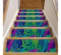 RODAILYCAY Green Leaf - Tappeto per scale tropicali antiscivolo, 15 pezzi, per gradini in legno per interni, gradini per scale, con retro in TPE