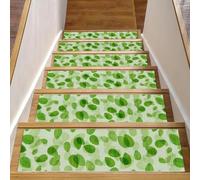 RODAILYCAY Green Leaves - Tappetini per scale a molla, 15 pezzi, per gradini in legno, antiscivolo, 20,3 x 76,2 cm, per interni, tappetini di sicurezza per bambini, anziani e animali domestici