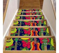 RODAILYCAY Tappetini per scale in legno con motivo chitarra musicale, con fiori colorati, antiscivolo, 15 pezzi, 20,3 x 76,2 cm, tappetini di sicurezza per scale, per bambini, anziani e animali