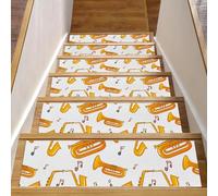 RODAILYCAY Tappetini per scale in legno, confezione da 15 tappeti antiscivolo per scale, sassofono dorato, note musicali, per interni, lavabili, per bambini, anziani e animali domestici