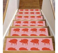 RODAILYCAY Tappetini per scale per gradini in legno antiscivolo, 15 confezioni da 20,3 x 76,2 cm, tappeto per interni, motivo maiali da fattoria, sfondo rosa, tappetini di sicurezza per bambini