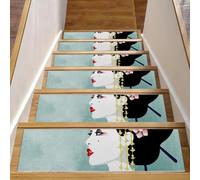 RODAILYCAY Tappetini per scale per gradini in legno antiscivolo, 15 pezzi, 20,3 x 76,2 cm, tappeto per scale per interni, blu acquerello giapponese donna geisha tappetini di sicurezza per bambini