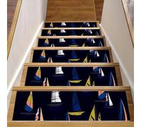 RODAILYCAY Tappeto antiscivolo per scale, colorato con barca a vela blu navy, 15 pezzi, per gradini in legno per interni, gradini per scale, con retro in TPE