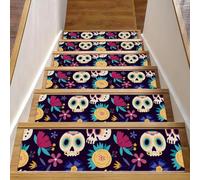 RODAILYCAY Tappeto per gradini per scale, 15 pezzi, antiscivolo, colorato, motivo: giorno dei morti, 20,3 x 76,2 cm, per gradini in legno, per interni, riutilizzabile, per bambini, anziani e animali