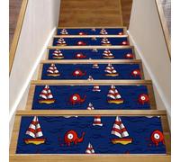 RODAILYCAY Tappeto per scale a forma di faro con barca a vela, 15 tappetini antiscivolo per scale, 20,3 x 76,2 cm, per gradini in legno per interni, tappetino per gradini in legno per bambini, anziani