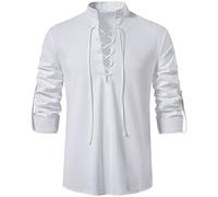 Rodawu Camicia da uomo Viking/Henley, blu, taglia regolare, maniche lunghe, colletto con coulisse, tinta unita, perfetta per uomini, appassionati di storia, età versatile, bianco, M