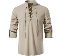 Rodawu Camicia da uomo Viking/Henley, blu, taglia regolare, maniche lunghe, colletto con coulisse, tinta unita, perfetta per uomini, appassionati di storia, età versatile, cachi, XXL