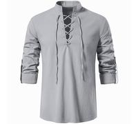 Rodawu Camicia da uomo Viking/Henley, blu, taglia regolare, maniche lunghe, colletto con coulisse, tinta unita, perfetta per uomini, appassionati di storia, età versatile, Grigio, L