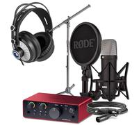 Rode NT1 Signature Series Microfono a condensatore con interfaccia audio USB Scarlett Solo di quarta generazione, supporto per microfono a braccio on-stage MS7701B e cuffie di monitoraggio Cans50