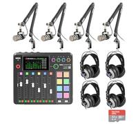 Rode RODECaster Pro II - Console di produzione audio con 4 microfoni Rode PodMic per podcasting, bracci professionali Rode PSA1+, cuffie over-ear, scheda microSD da 32 GB, cavi XLR e panno StreamEye