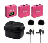 Rode Wireless GO Gen 3 - Microfono senza fili a 2 canali, rosa, con custodia di ricarica + 2 microfoni Lavalier GO e 2 protezioni antivento in pelliccia