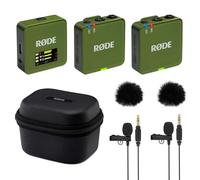 Rode Wireless GO Gen 3 - Sistema radio per microfono wireless a 2 canali Moss Kaki con custodia di ricarica + 2 microfono Lavalier GO e 2 paravento in pelliccia