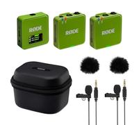 Rode Wireless GO Gen 3 - Sistema radio wireless a 2 canali, colore verde con custodia di ricarica + 2 microfono Lavalier GO e 2 paravento in pelliccia