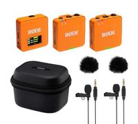 Rode Wireless GO Gen 3 - Sistema wireless per microfono a 2 canali, arancione con custodia di ricarica + 2 microfono Lavalier GO e 2 protezioni antivento in pelliccia