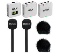 Rode Wireless GO Gen 3 - Sistema wireless per microfono a 2 canali, bianco con 2 adattatori a mano e 2 paravento Keepdrum BK