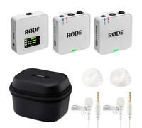 Rode Wireless GO Gen 3 - Sistema wireless per microfono a 2 canali, con custodia di ricarica + 2 microfono Lavalier GO bianco e 2 paravento in pelliccia WH