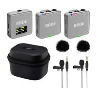 Rode Wireless GO Gen 3 - Sistema wireless per microfono a 2 canali, grigio pietra con custodia di ricarica + 2 microfono Lavalier GO e 2 paravento in pelliccia