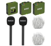 Rode Wireless GO Gen 3 - Sistema wireless per microfono a 2 canali Moss Khaki con 2 adattatori a mano per intervista GO e 2 paravento Keepdrum