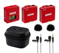 Rode Wireless GO Gen 3 - Sistema wireless per microfono a 2 canali, rosso con custodia di ricarica + 2 microfono Lavalier GO e 2 paravento in pelliccia