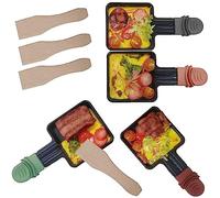 RoDzj 4 padelle per raclette da 18 x 9 cm, quadrate in ghisa con rivestimento antiaderente con manico colorato, con 4 spatole di legno per raclette accessori