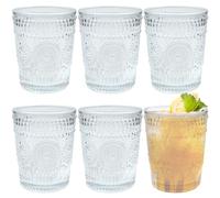 Roellgs Confezione da 6 bicchieri vintage in vetro, romantici bicchieri per succo d'acqua, bicchieri impilabili trasparenti per caffè, cocktail, bar, bevande, tè, latte, yogurt, whisky, motivo