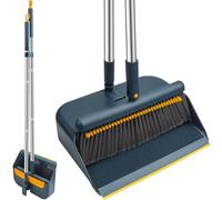 Roellgs Set di scopa e paletta con denti a pettine antivento verticale con manico lungo kit di scopa per la pulizia e la pulizia della casa (blu rettangolare)