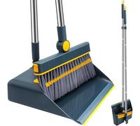 Roellgs Set di scopa, paletta e spazzola, manico lungo con denti a pettine, per spazzare in posizione verticale, per casa, cucina, stanza, ufficio, ingresso (blu)