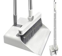 Roellgs Set di scopa, paletta e spazzola, manico lungo con denti a pettine, per spazzare in posizione verticale, per casa, cucina, stanza, ufficio, ingresso (bianco)