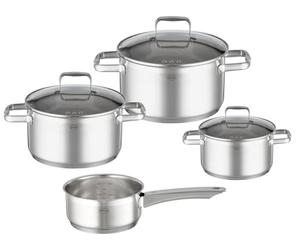 RÖSLE CHARM Batteria di pentole, 4 pezzi, pentole universali di alta qualità, 3 pentole e 1 casseruola, acciaio inossidabile, coperchio in vetro, scala graduata interna, lavabile in lavastoviglie