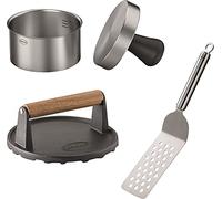 RÖSLE Set da hamburger per barbecue in 3 pezzi, pregiato set per hamburger completo di pressa professionale per hamburger, peso da barbecue e paletta per hamburger, acciaio inox 18/10, ghisa smaltata