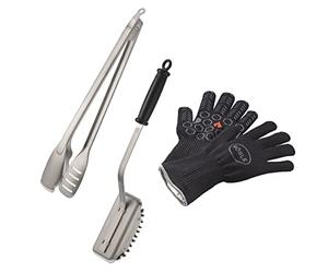 RÖSLE set per grigliate di alta qualità composto da 3 pezzi, con guanti di alta qualità, pinza per barbecue e spazzola per la pulizia SlideX, acciaio inox 18/10