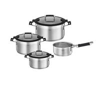 RÖSLE SILENCE PRO Batteria Di 4 Pezzi, Pentole Universali Di Alta Qualità, 3 Pentole e 1 Casseruola, Acciaio Inossidabile, Coperchio In Vetro, Scala Graduata Interna, Lavabile In Lavastoviglie