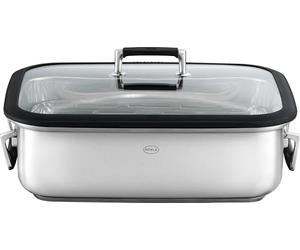 RÖSLE SILENCE PRO Teglia rettangolare, teglia di alta qualità con coperchio in vetro, acciaio inossidabile 18/10, adatta al forno, adatta all'induzione, lavabile in lavastoviglie, argento