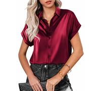 ROGNER Camicetta in Seta per Donna Camicie abbottonate in Raso a Maniche Corte Casual Scollo a V Ampio Tunica da Lavoro Top Camicette da Ufficio Top in Seta Casual da Lavoro vestibilità Slim