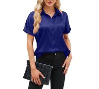 ROGNER Camicetta in Seta per Donna Camicie abbottonate in Raso a Maniche Corte Casual Scollo a V Ampio Tunica da Lavoro Top Camicette da Ufficio Top in Seta Casual da Lavoro vestibilità Slim