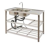 ROGONPDK Doppio lavello con supporto, set di lavello da cucina, in acciaio inox, con filtro di scarico con rubinetto e tubi, valvola angolare, tubo di scarico, scarico 120 x 45 x 80 cm, colore argento