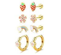 Roheafer 4 Paia Orecchini Donna Acciaio Inossidabile Anallergici Punto Luce Orecchini Cerchio Piccoli Placcato in Oro 14K Orecchino Carino per CZ Cuore Fiore Farfalla Piercing Orecchio(Strawberry)