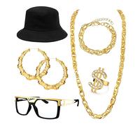 Roheafer 7 Pezzi Kit Costume Hip Hop Anni 80s 90s Completi da Rapper, collana rapper, cappello da pescatore, catena rapper e anello, braccialetto, occhiali, Feste di Carnevale(B)