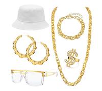 Roheafer 7 Pezzi Kit Costume Hip Hop Anni 80s 90s Completi da Rapper, collana rapper, cappello da pescatore, catena rapper e anello, braccialetto, occhiali, Feste di Carnevale(W)